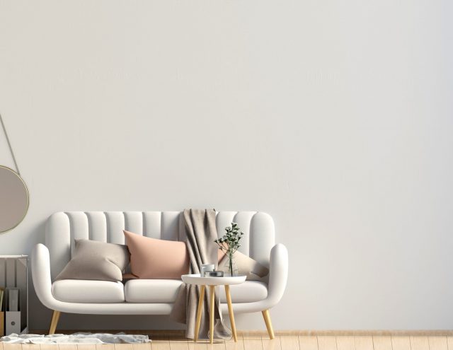 Modern interior with coffee table and sofa. Wall mock up. 3d illustration. Modern interior with coffee table and sofa. Wall mock up. 3d illustration.